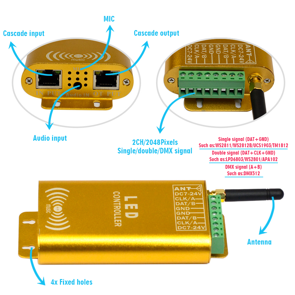 DC7-24V, Newest LED WIFI Dream Color Music Spectrum DMX Cascaded Controller Control by Android Device, For LPD6803,WS2811,WS2812B, WS2801 Addressable LED Lights DC7-24V, Newest LED WIFI Dream Color Music Spectrum DMX Cascaded Controller Control by Android Device, For LPD6803,WS2811,WS2812B, WS2801 Addressable LED Lights